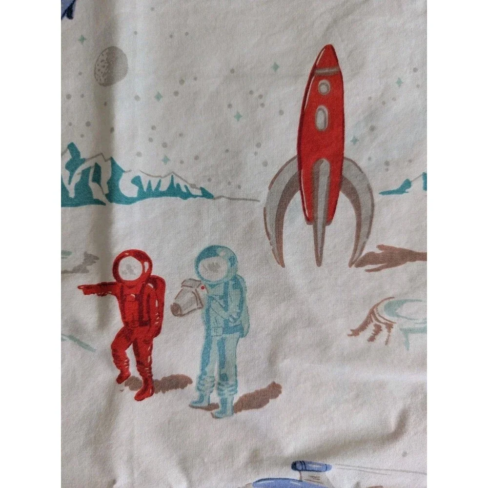 Pottery Barn Kids Astronaut Flat Sheet Pillowcase Full Size Retro Space Planets